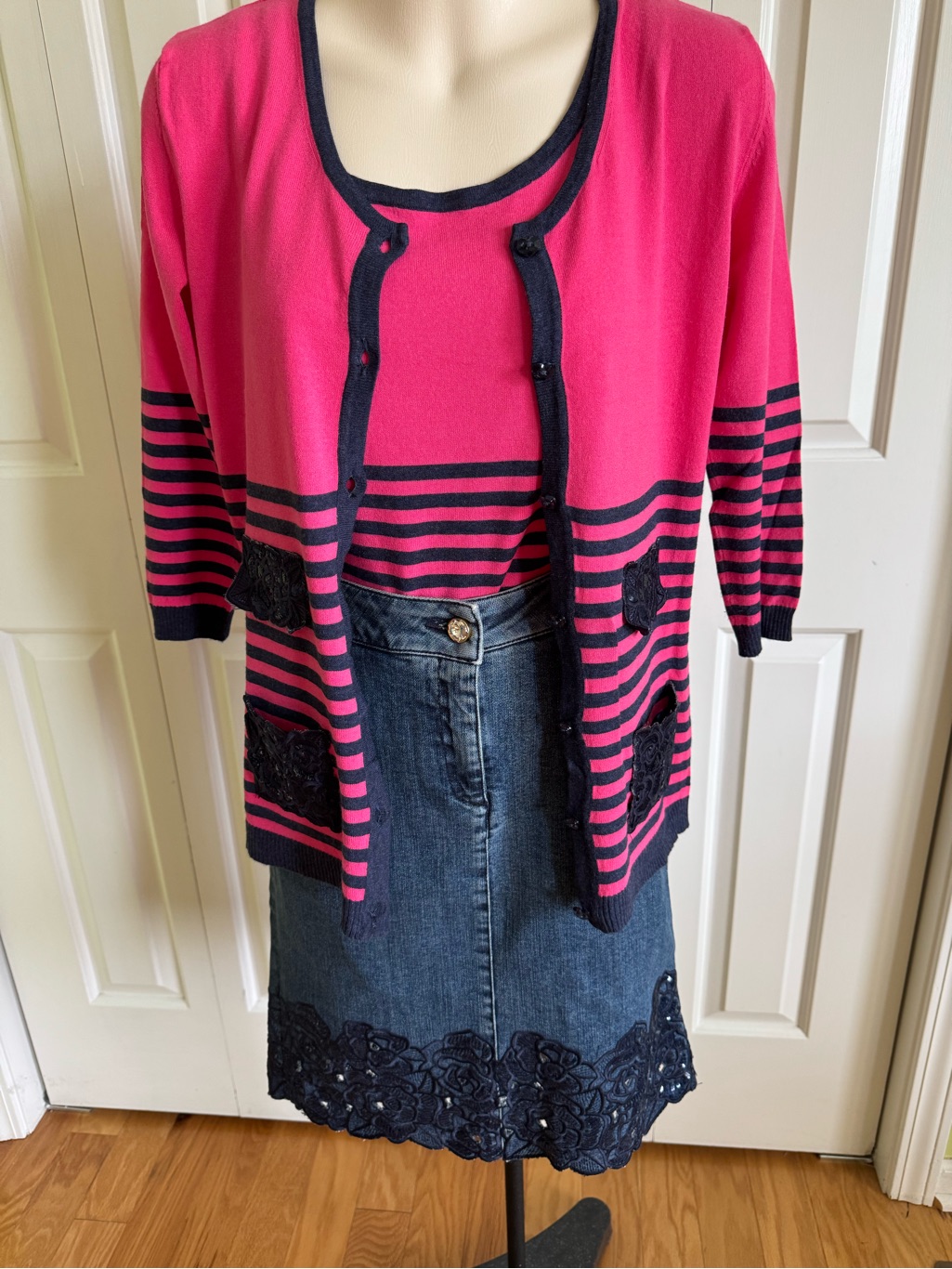 Vdp Collection Denim Skirt/Knit Cardigan Set 6/42 Italy